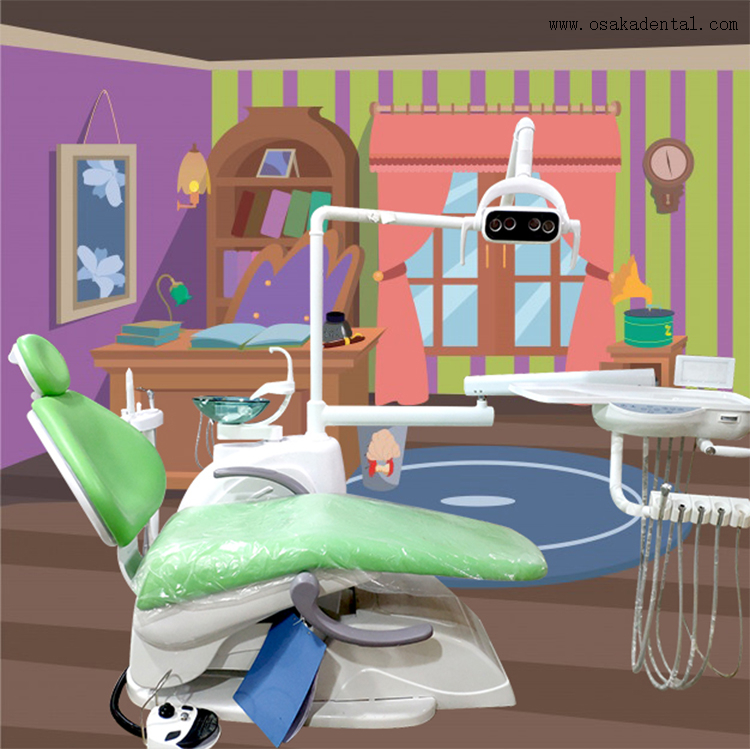 Green color dental chair with multifunctional footpadel and LED lamp